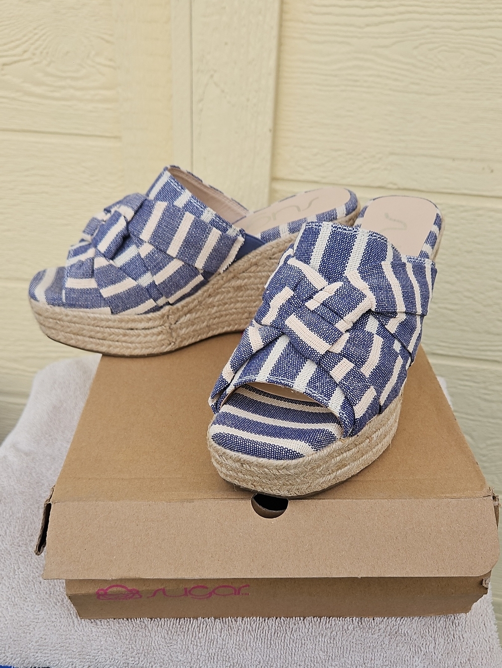 Sugar Blue Striped Wedge Espadrille Slide - Women